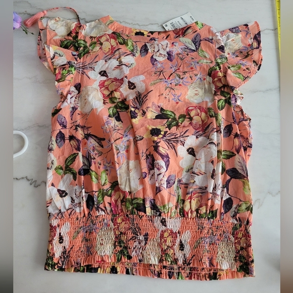 INC Smocked 100% Cotton Blossom Floral Ruffled Peach Blouse Size Large - Picture 5 of 13
